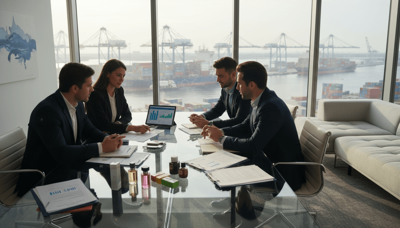 Diverse professionals in modern conference room overlooking port facility, reviewing international product samples and trade documents Diverse professionals in modern conference room overlooking port facility, reviewing international product samples and trade documents